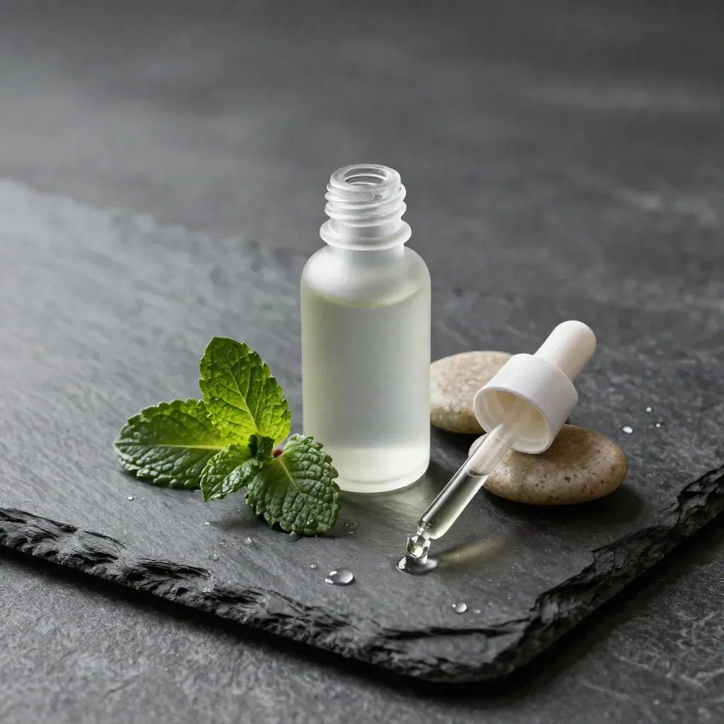 Mint tincture bottle with pipette, mint leaves, and wet pebbles on slate