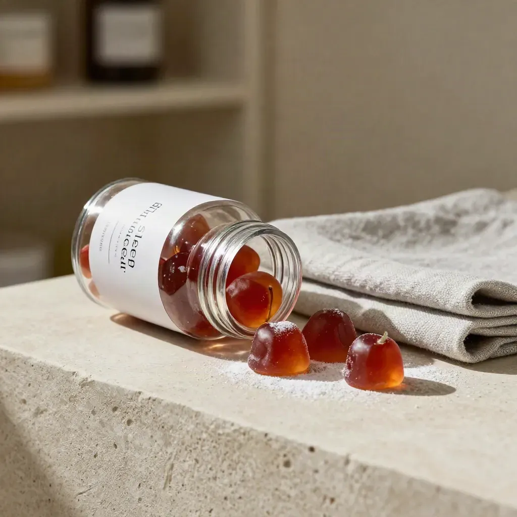 Clear jar of cherry sleep gummies on pale stone with linen napkin and sugar dust.