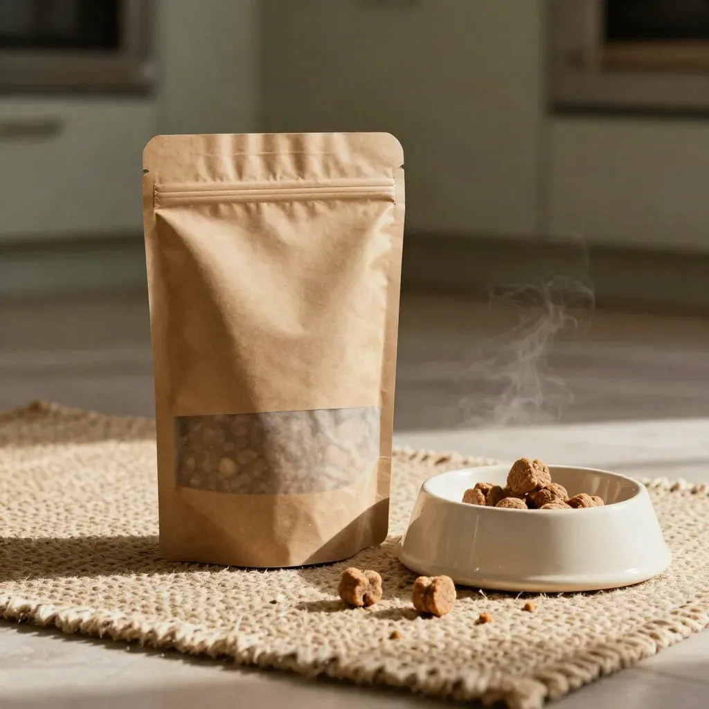 Dog treat pouch, ceramic bowl, and chicken bites on a woven mat with warm light