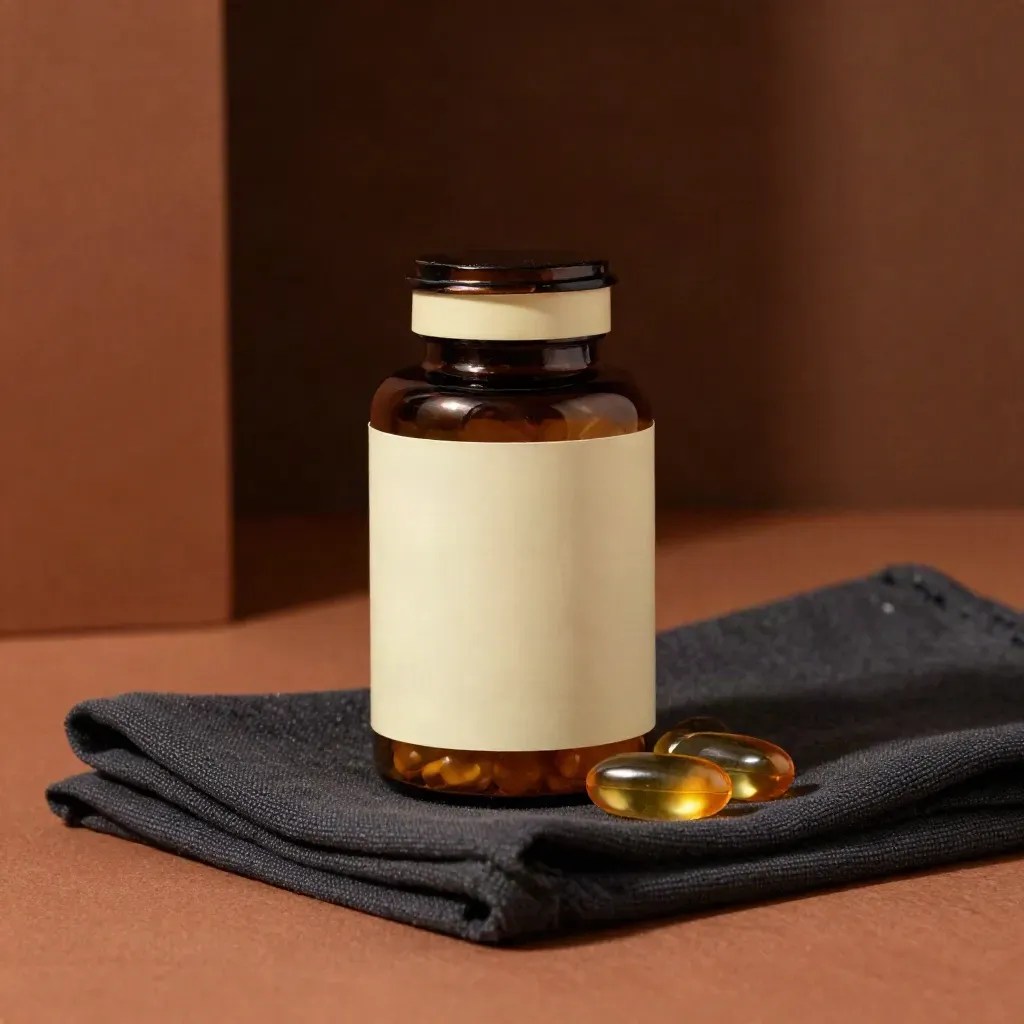 Amber softgels bottle with three capsules on dark cloth, softly lit against a hazy terracotta backdrop