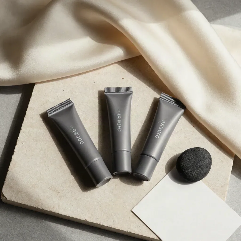 Overhead flatlay of three unbranded CBD lip balm tubes with cream cloth and charcoal stone on pale stone.